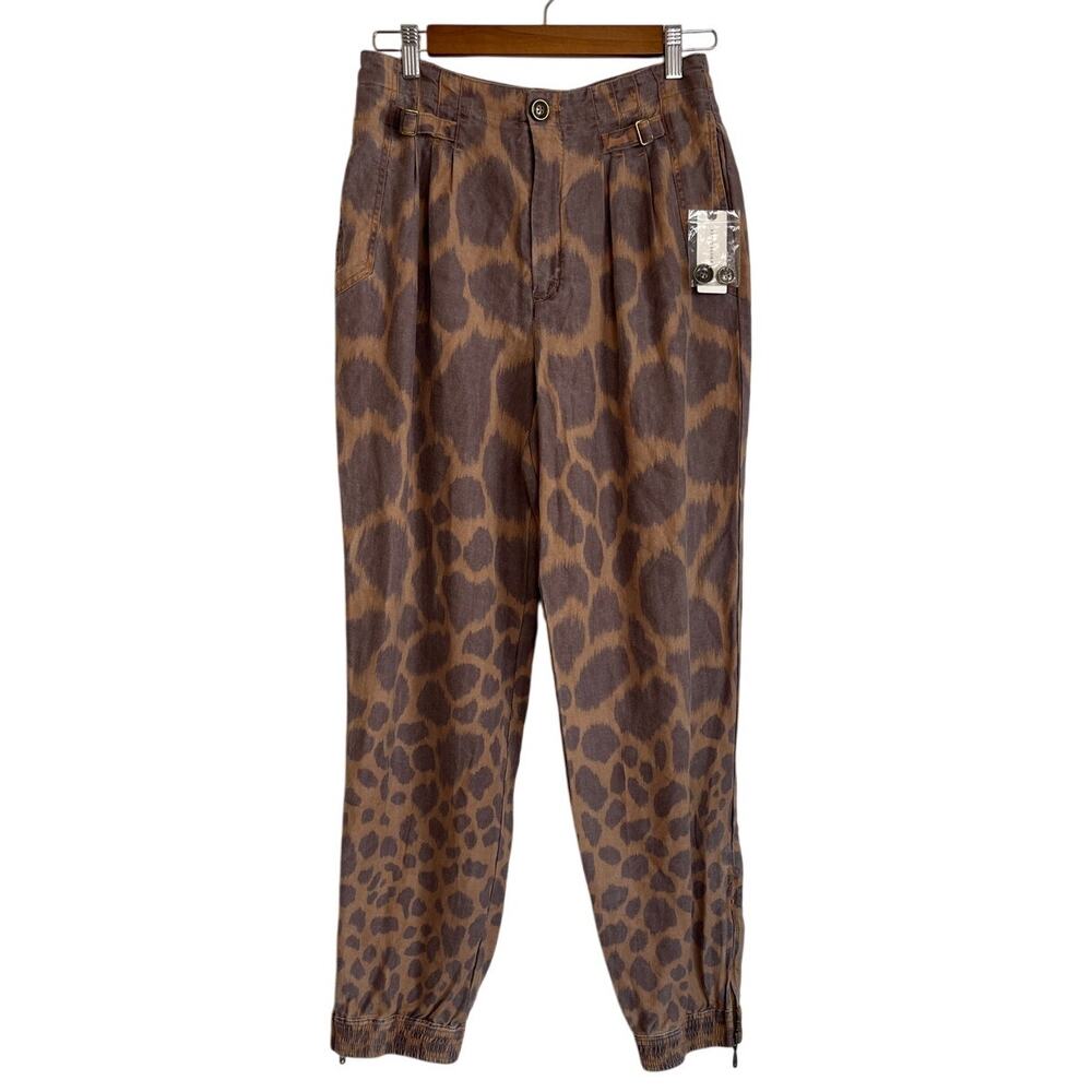 Anthropologie Tamarind Trouser Joggers Size 4 Brown Giraffe Linen Pleated NWT